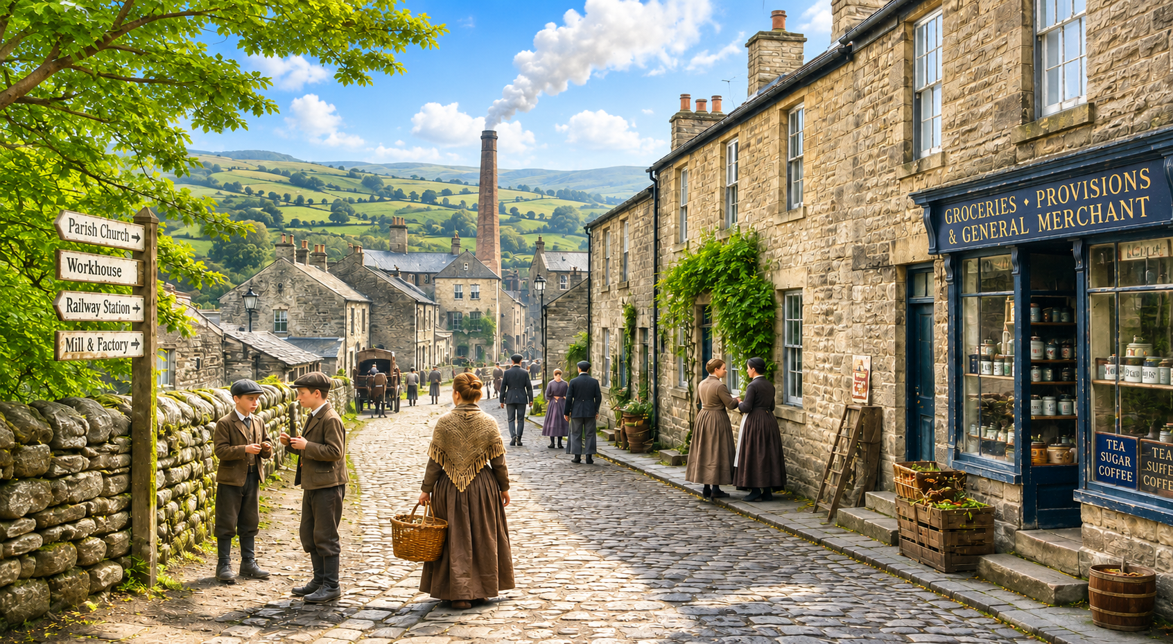 Historic community street scene representing social genealogy